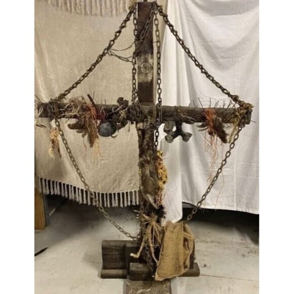 OBO- Lrg Haitian Crafted Wood Voodoo Altar Cross, Chains & Natural Objects, READ - Picture 1 of 9